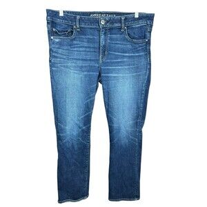 American Eagle Jeans Womens 18 Short Kick Boot Mid Rise Super Stretch Dark Denim